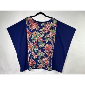 BOB MACKIE Womens Wearable Art Painterly Size 1X Blue Floral Top Dolman Sleeve